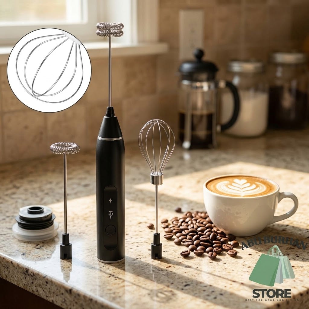 Black rechargeable coffee frother with double-coil whisk, balloon whisk attachment and coffee cup beside product box.