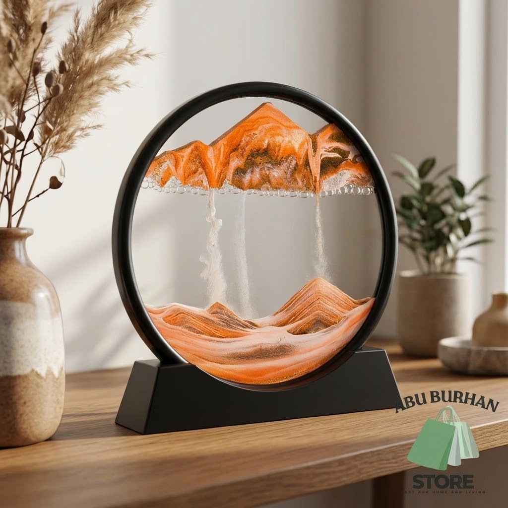 Orange moving sand art picture in a round black frame with display stand on a wooden table