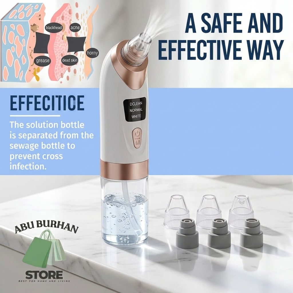 A white and rose gold skincare cleansing device with a clear liquid reservoir, shown alongside three interchangeable nozzle tips on a marble surface. The image includes marketing text, a cross-section diagram, and a store logo.