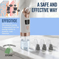 A white and rose gold skincare cleansing device with a clear liquid reservoir, shown alongside three interchangeable nozzle tips on a marble surface. The image includes marketing text, a cross-section diagram, and a store logo.