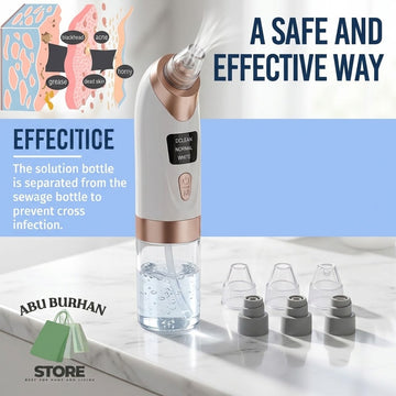 A white and rose gold skincare cleansing device with a clear liquid reservoir, shown alongside three interchangeable nozzle tips on a marble surface. The image includes marketing text, a cross-section diagram, and a store logo.