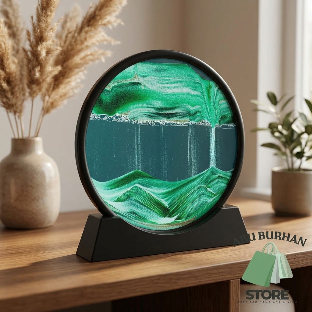 Green moving sand art picture with mountain-like sand layers and a black display stand
