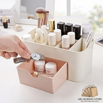 Plastic Makeup Organizer with Drawer - Desktop Cosmetics and Brush Storage Box