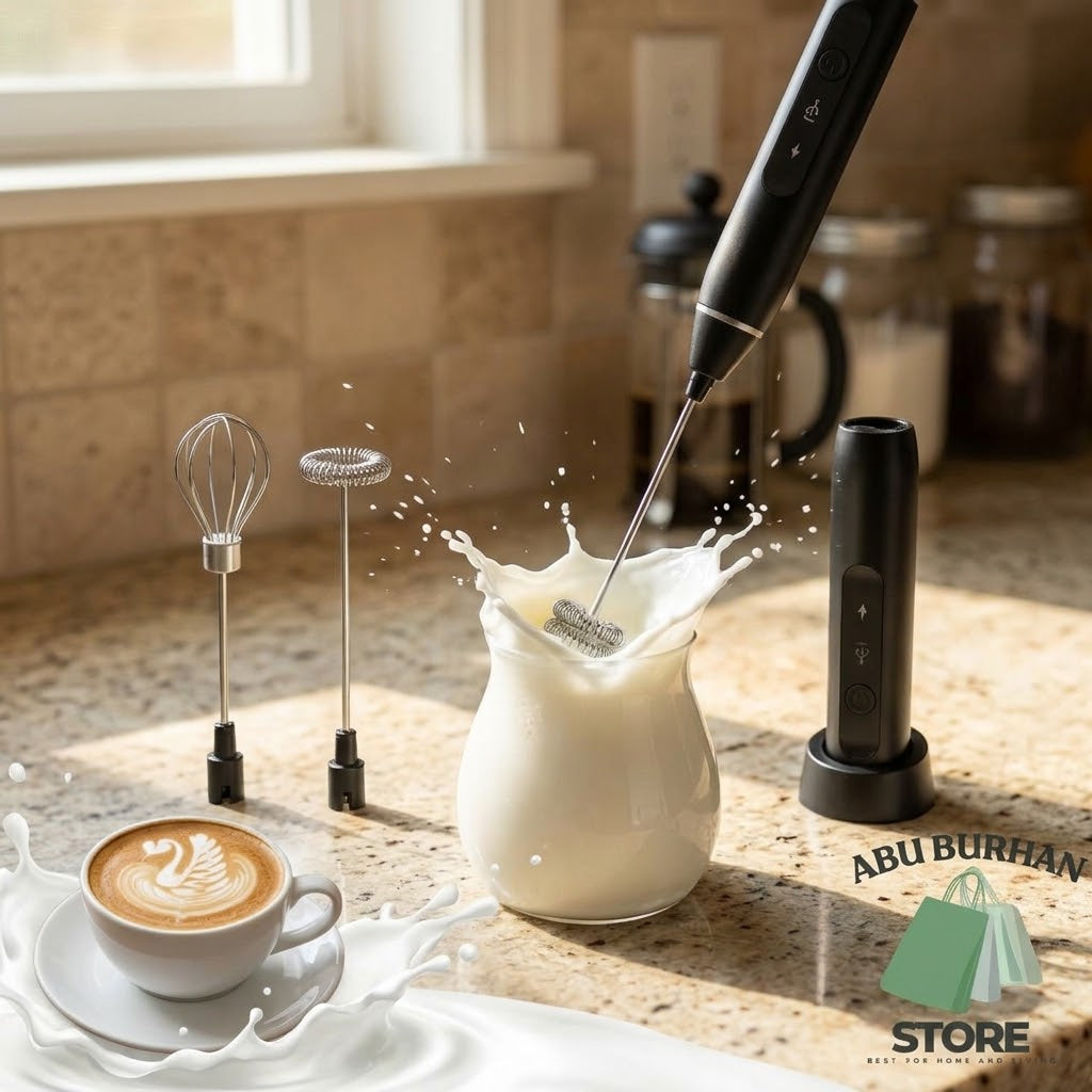 Electric coffee frother mixing milk in a glass jug, with whisk attachments and a coffee cup nearby.