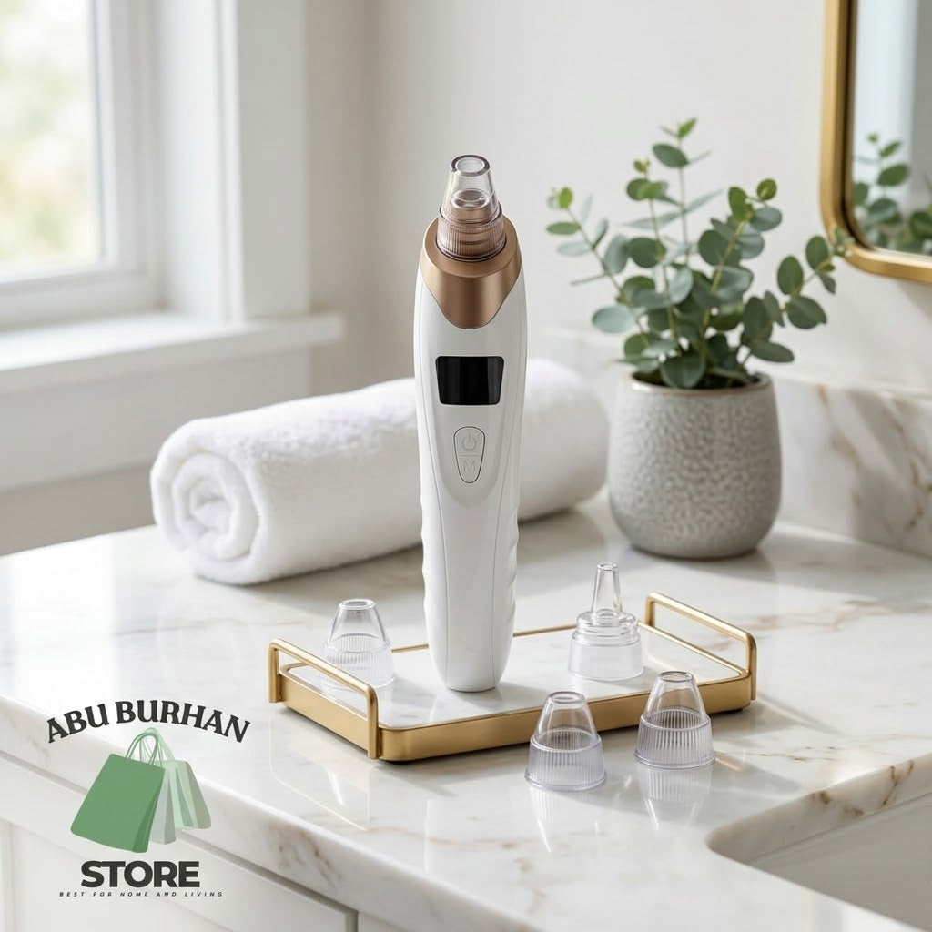 A white and rose gold skincare device with a digital screen stands on a gold tray on a marble bathroom counter, with a white towel, a potted eucalyptus plant, and a sink in the background. A 'ABU BURHAN STORE' watermark is visible in the bottom left corner.