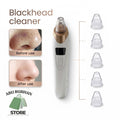 A handheld blackhead cleaner device with a white body and rose-gold metallic neck, shown alongside five clear suction nozzles and before/after nose close-up photos. Text reads 'Blackhead cleaner' and 'ABU BURHAN STORE'.