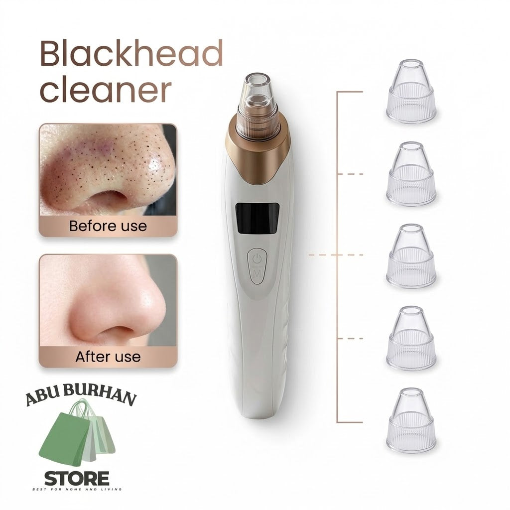 A handheld blackhead cleaner device with a white body and rose-gold metallic neck, shown alongside five clear suction nozzles and before/after nose close-up photos. Text reads 'Blackhead cleaner' and 'ABU BURHAN STORE'.