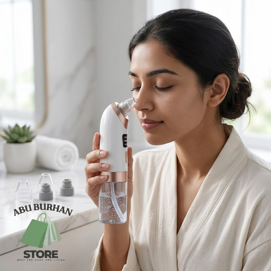 A woman in a white robe uses a white and rose gold facial mist spray device. The scene is set in a bright bathroom with a marble wall, a small potted succulent, and rolled towels in the background.