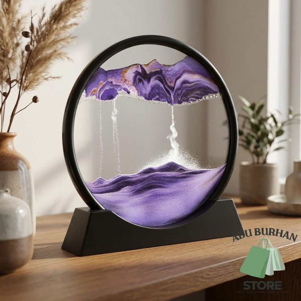 Orange moving sand art picture in a round black frame with display stand on a wooden table