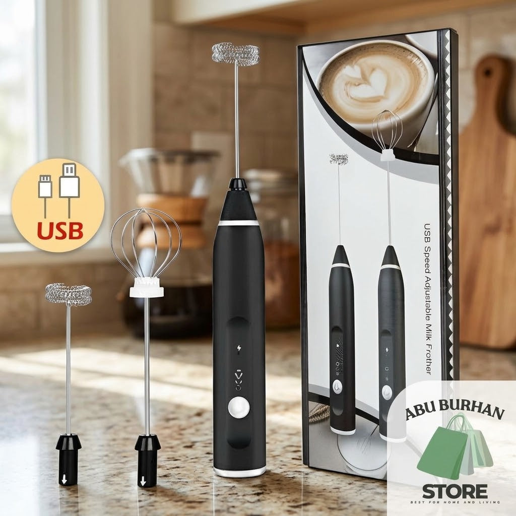 Black USB rechargeable milk frother with coil and balloon whisk attachments beside its retail box