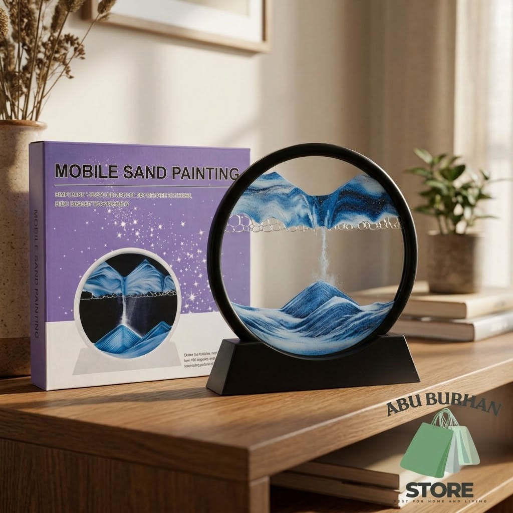 Blue moving sand art picture with a black display stand beside its product box