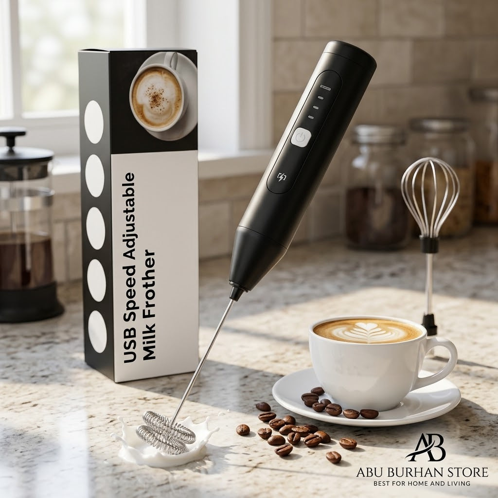 Black rechargeable coffee frother with double-coil whisk, balloon whisk attachment and coffee cup beside product box.